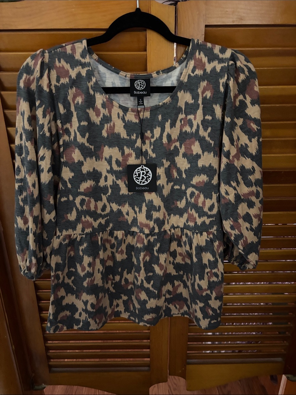bobeau Olive, Taupe & Black Animal Print Peplum Blouse